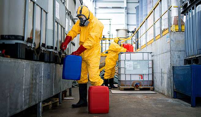 Mitarbeiter in Schutzkleidung an den Umfüllstationen
